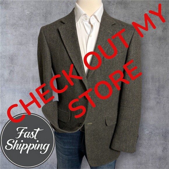 Vintage LANDS END TWEED WOOL Mens Blazer 40L Sport Coat Jacket Green Herringbone - Picture 1 of 14